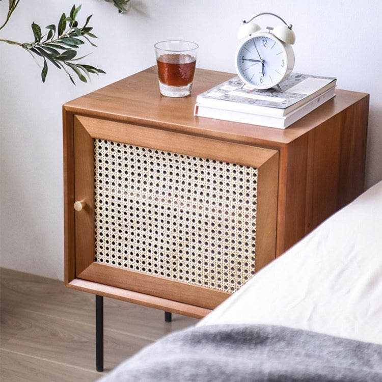 Cube Walnut Rattan Woven Nightstand