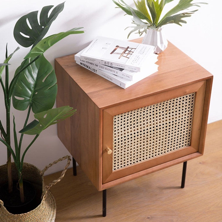 Cube Walnut Rattan Woven Nightstand