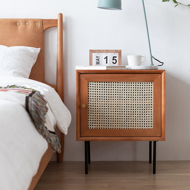 Cube Walnut Rattan Woven Nightstand