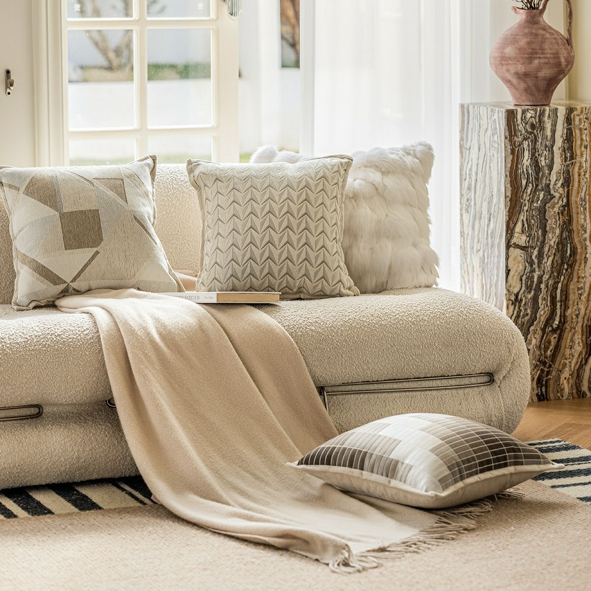 Textured Creamy Modern Style Sofa Pillow