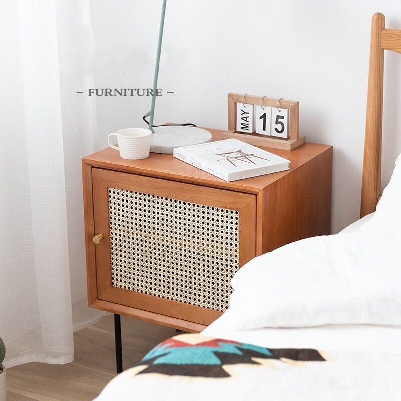 Cube Walnut Rattan Woven Nightstand